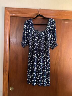 Draper James Floral Smocked Mini Dress Women's Large Navy Puff Sleeve Cottage